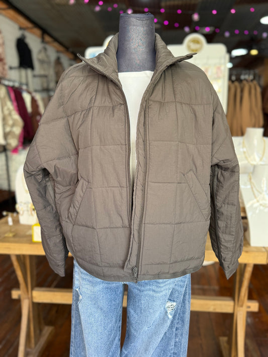 Quilted Square Up Puffer Jacket in Charcoal