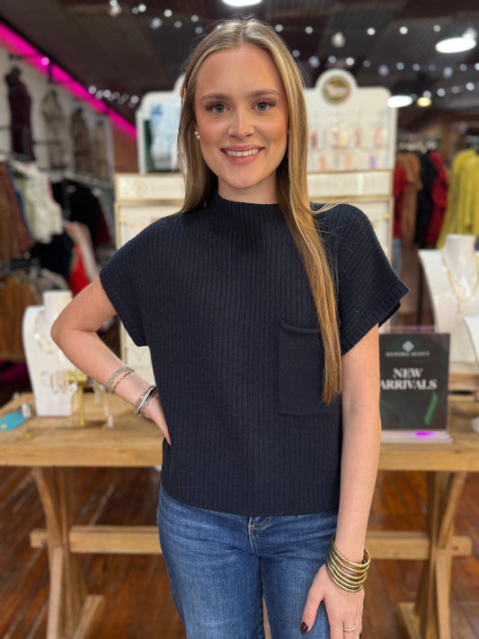 Mock Neck Short Sleeve Knit Sweater in Navy