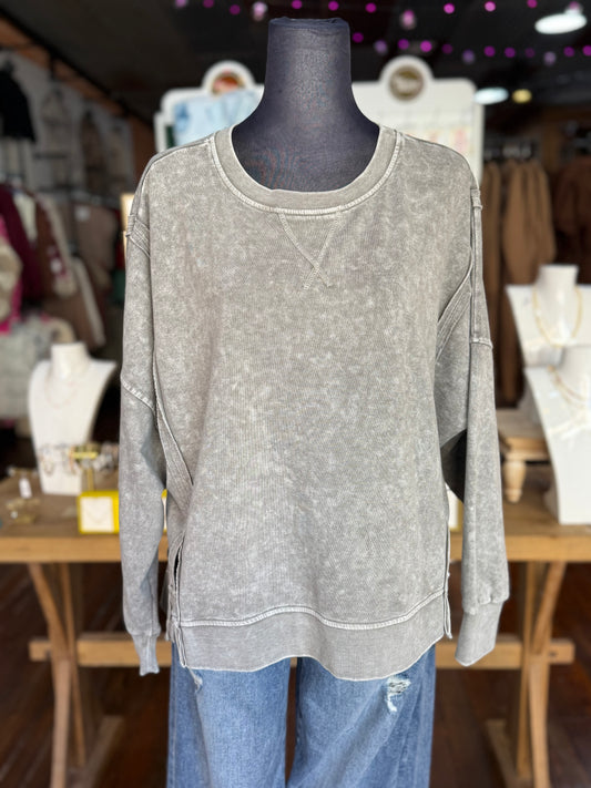 Washed Extended Shoulder Knit Top in Gray