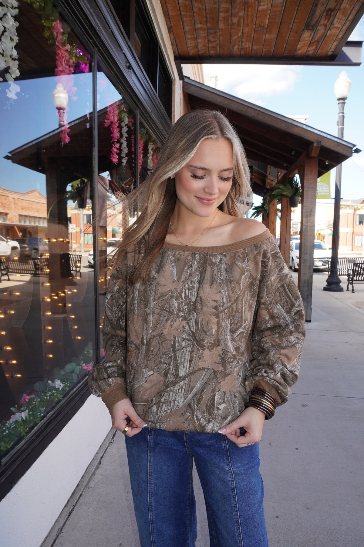 Brown Camo Off the Shoulder Sweatshirt