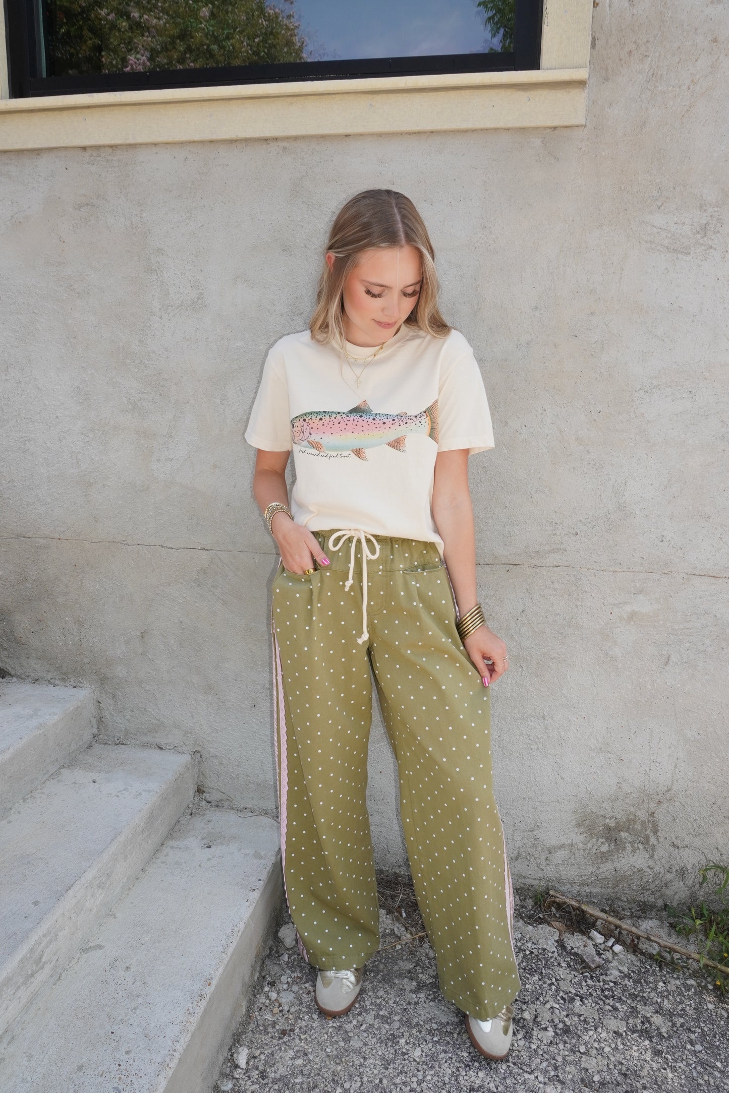 Pink Polka Dot Pants in Olive