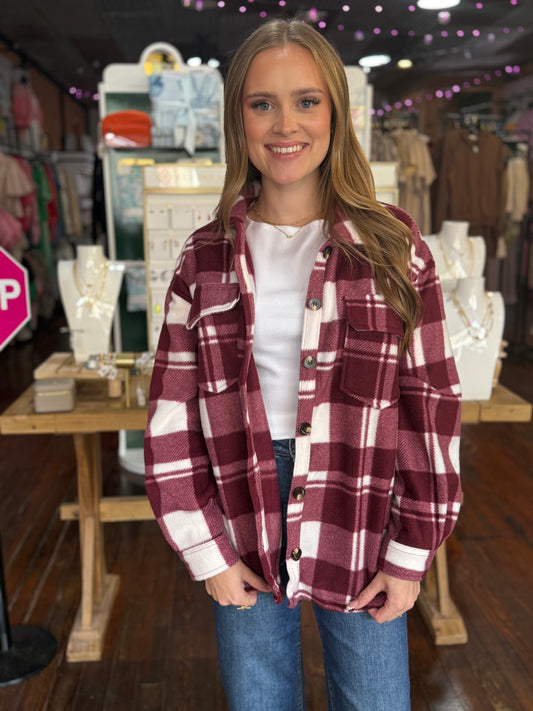Check Printed Shacket in Burgundy
