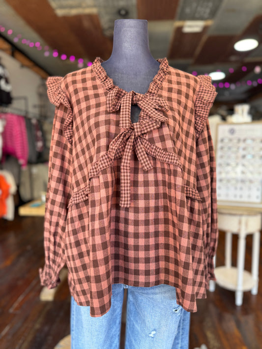 Ruffle Brownish Gingham Top