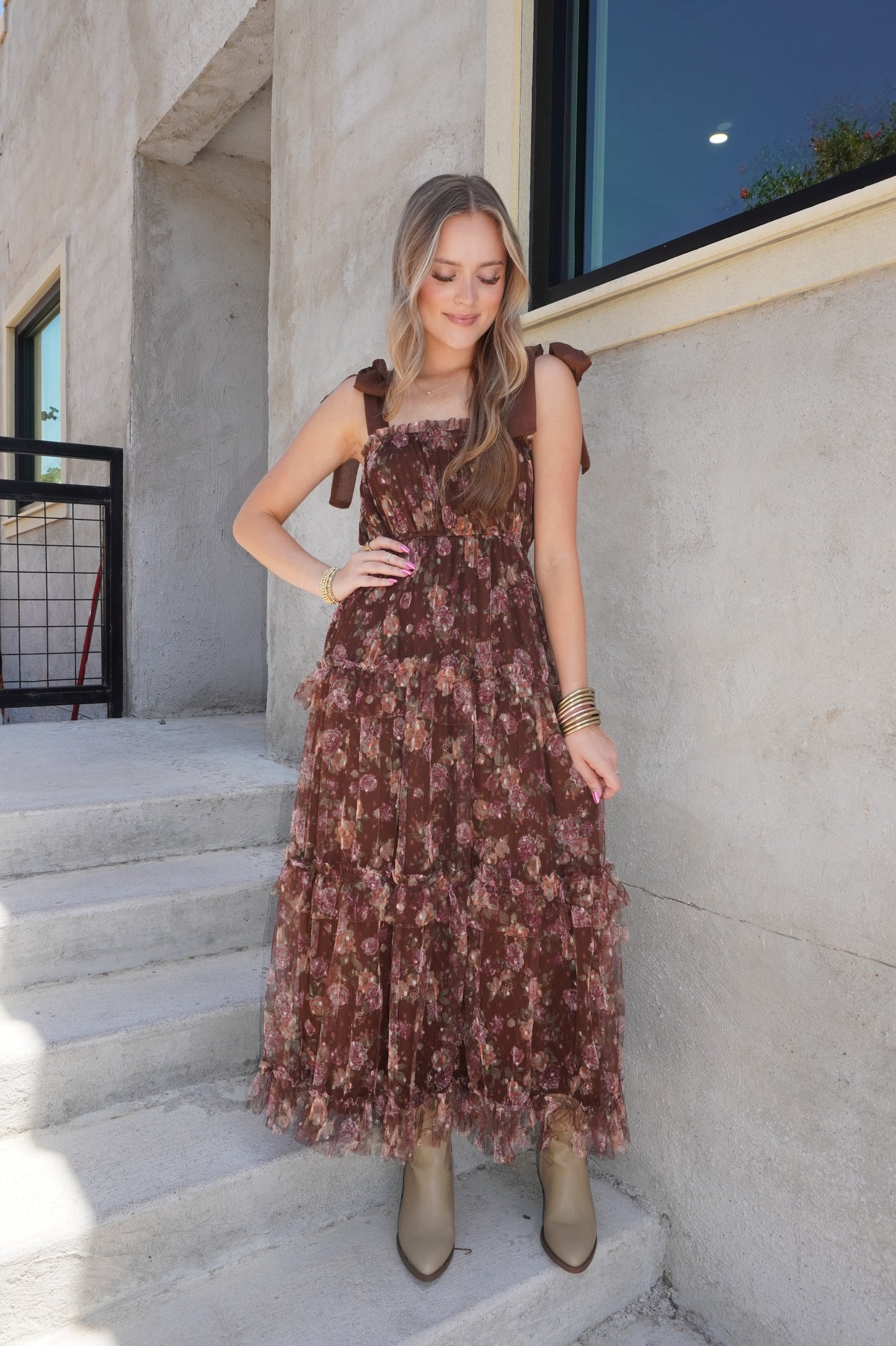 Cici Chiffon Ruffled Maxi Dress in Brown Mix