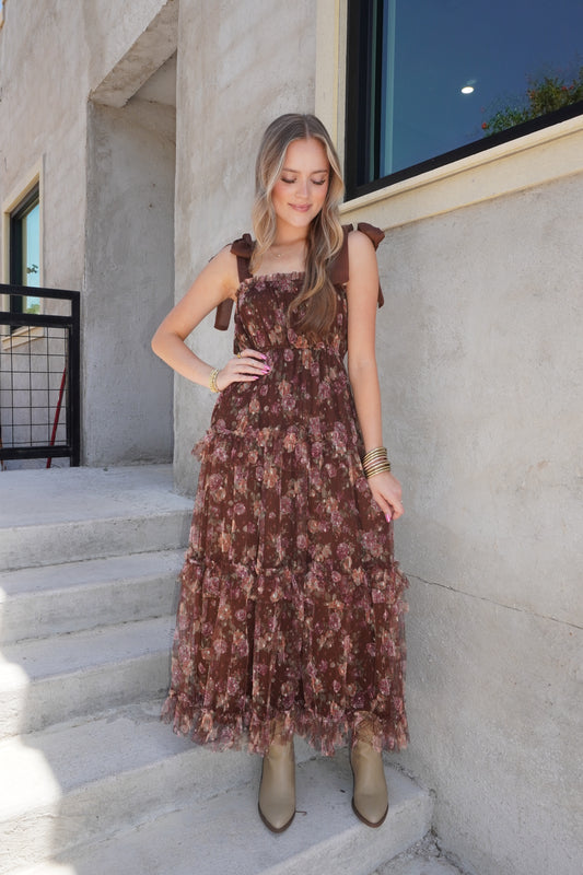 Cici Chiffon Ruffled Maxi Dress in Brown Mix
