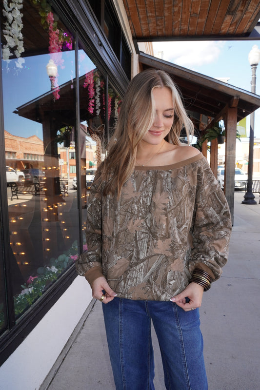 Brown Camo Off the Shoulder Sweatshirt