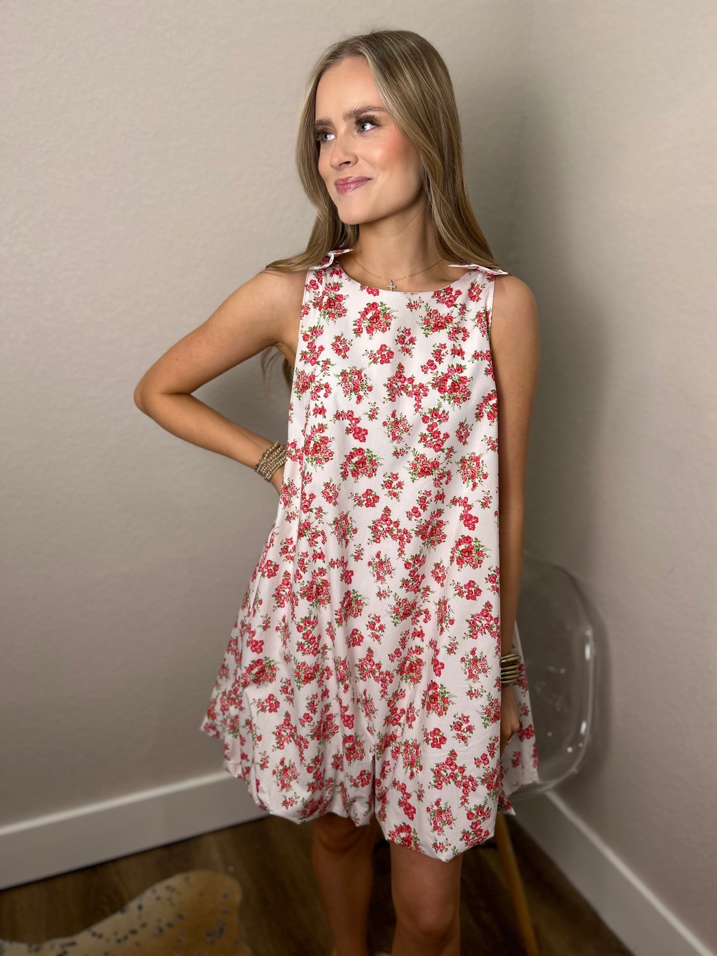 Pop Off Poplin Floral Dress in Red/Off White