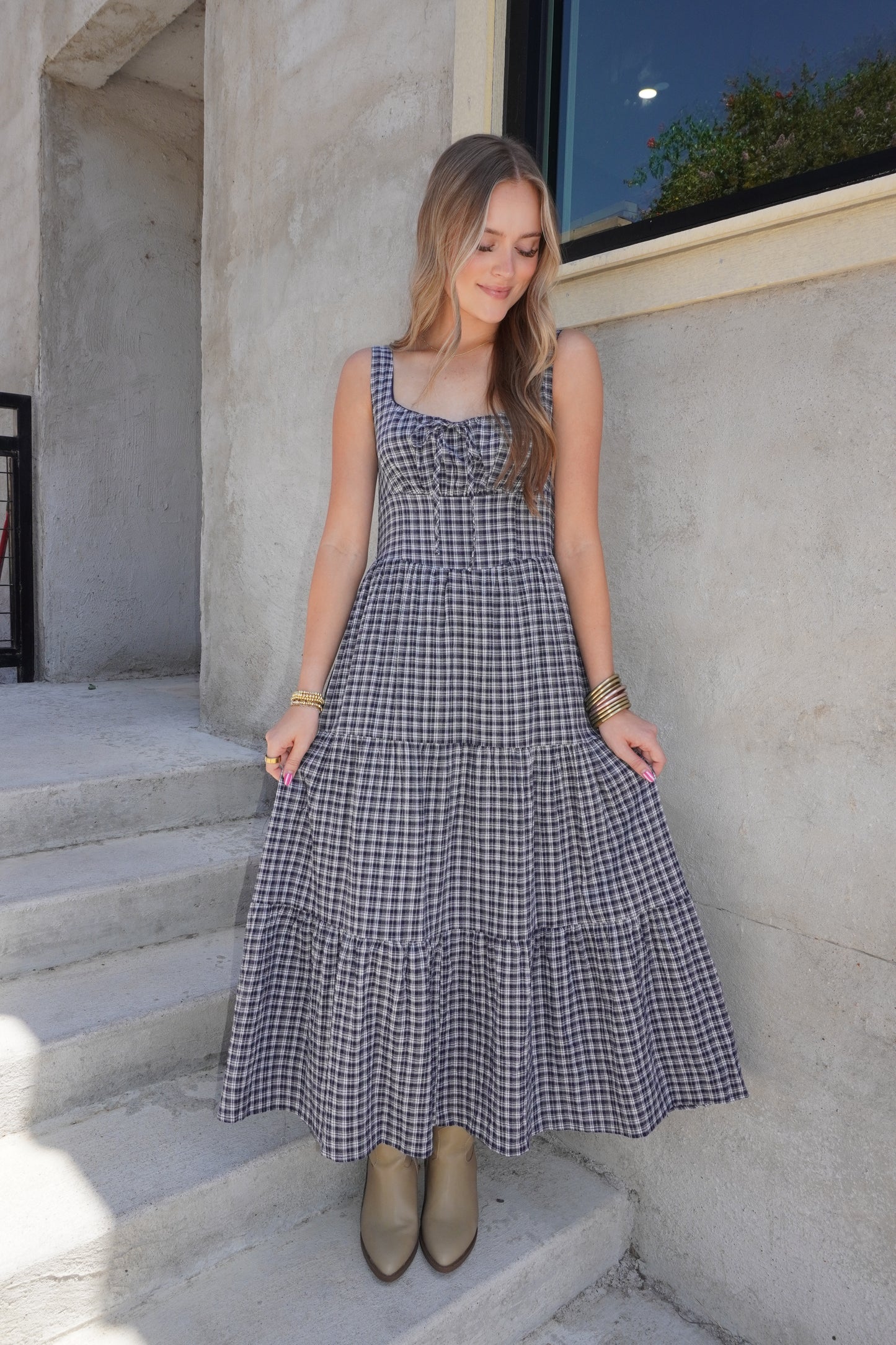 Navy Plaid Corset Tiered Maxi Dress