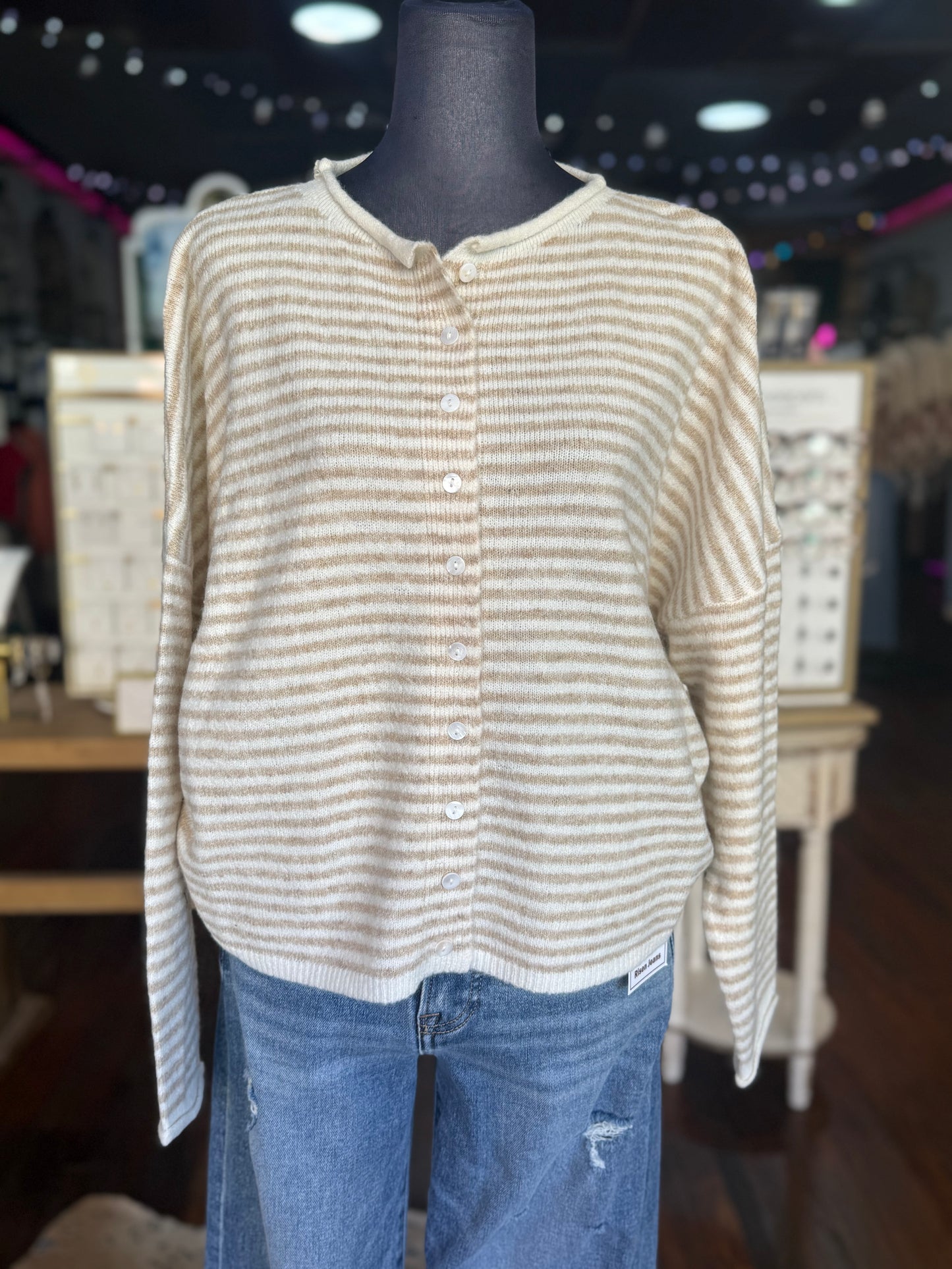 Striped Knit Cardigan in Taupe