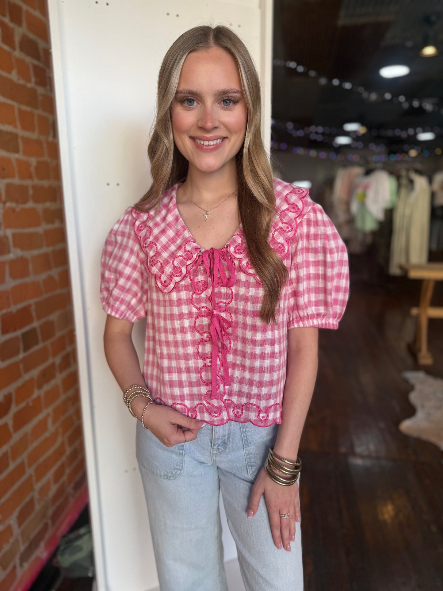 Punch Gingham Tie Front Blouse in Pink