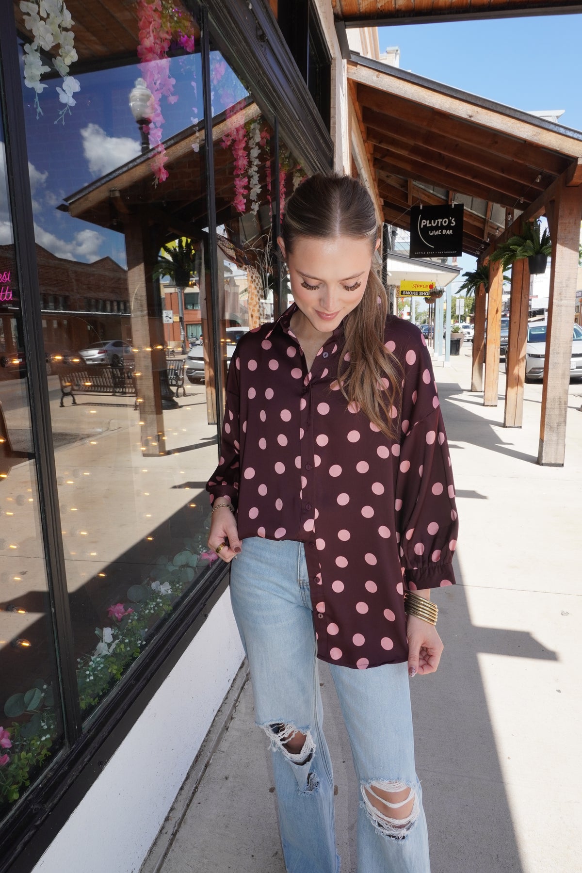 Polka Dot Silk Blouse in Burgundy