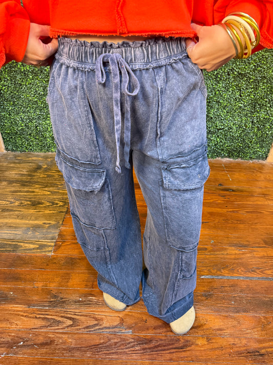 Mineral Washed Terry Pants in Navy