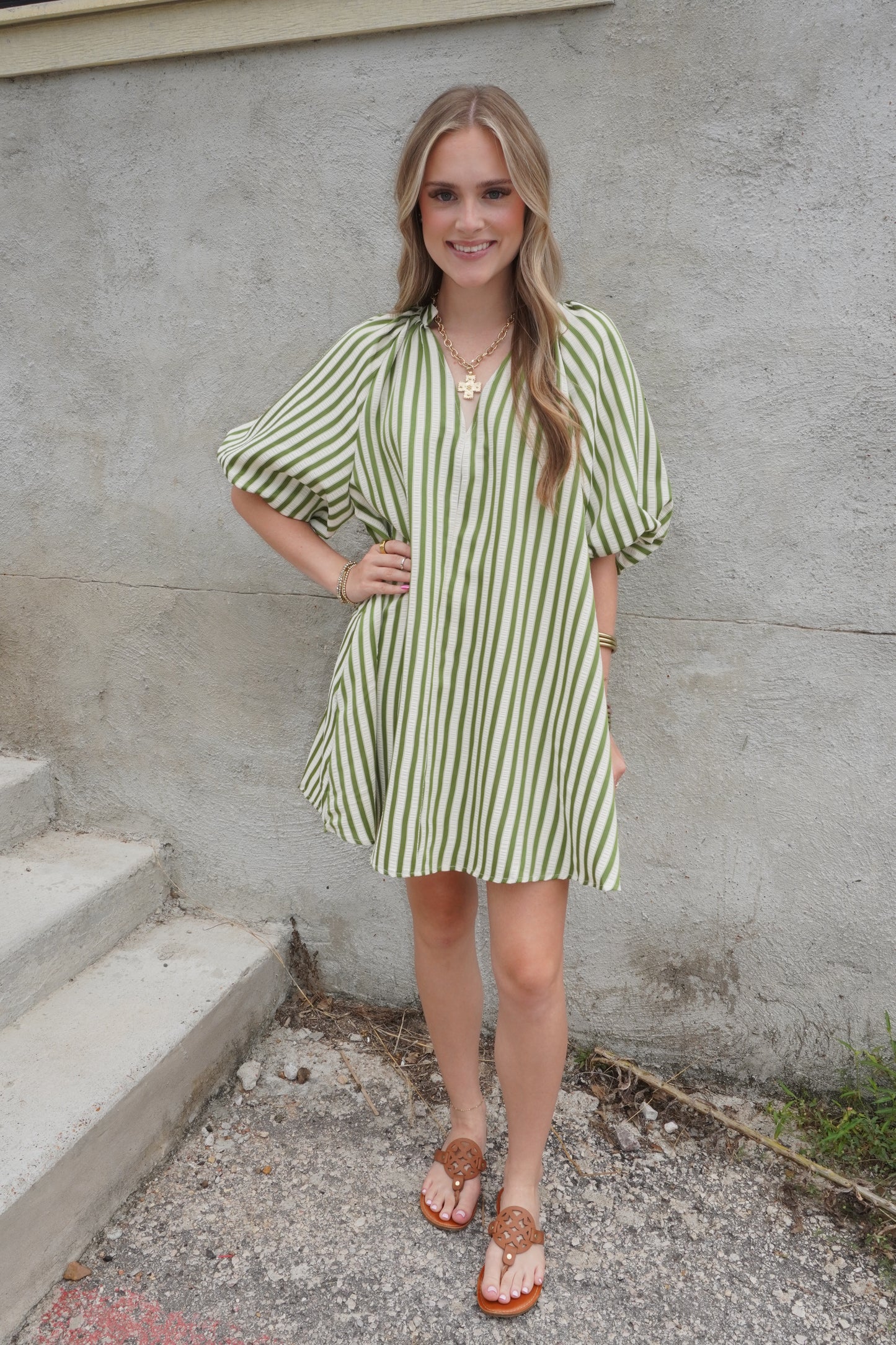 Puff Sleeve Stripe Dress in Green