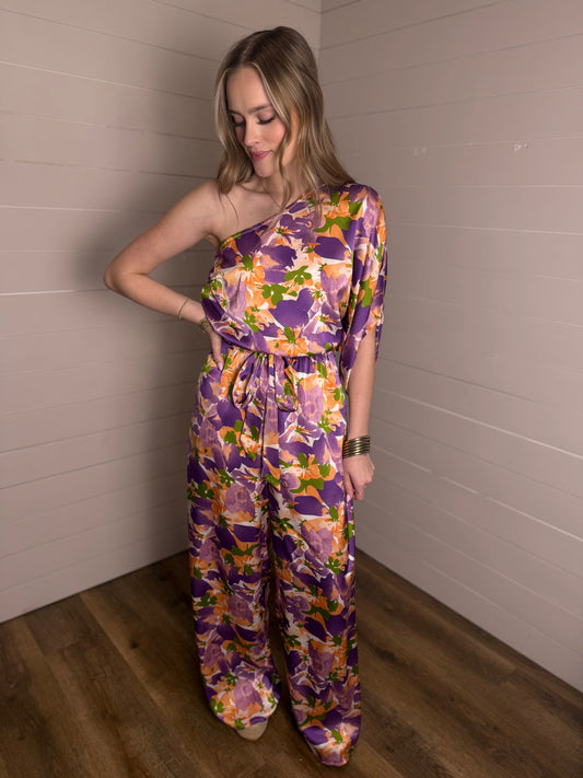One Shoulder Floral Jumpsuit in Lavender Mix