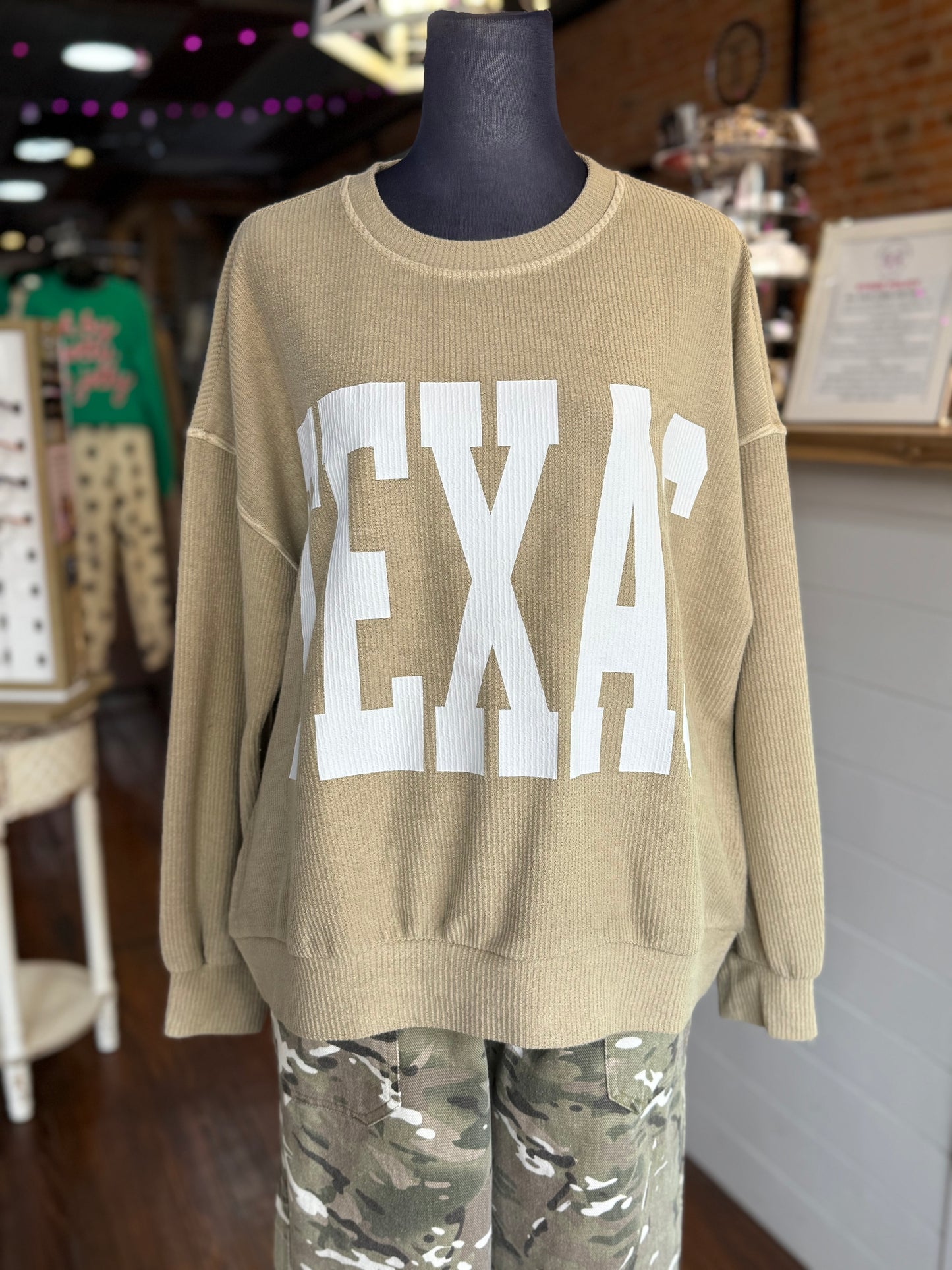 Texas Ribbed Knit Sweatshirt in Khaki