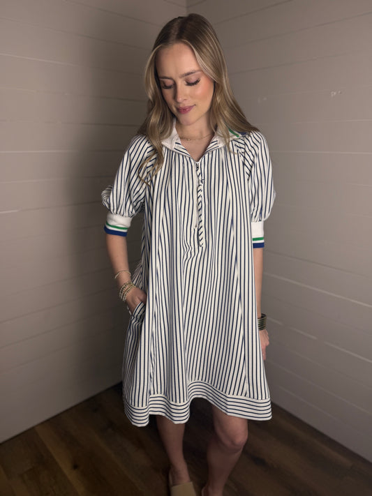 Half Zipped Striped Dress in Navy