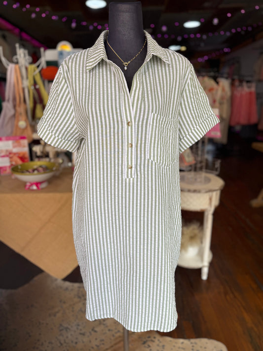 Striped Seersucker Dress in Lt Olive