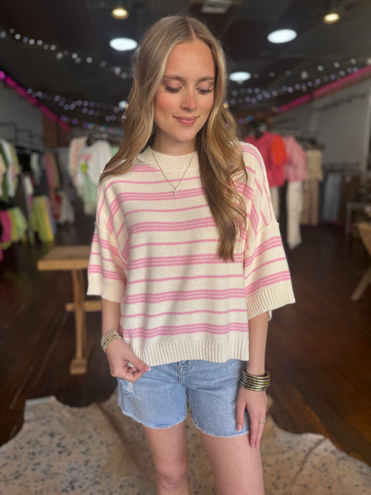 Drop Sleeve Striped Sweater Top in Pink