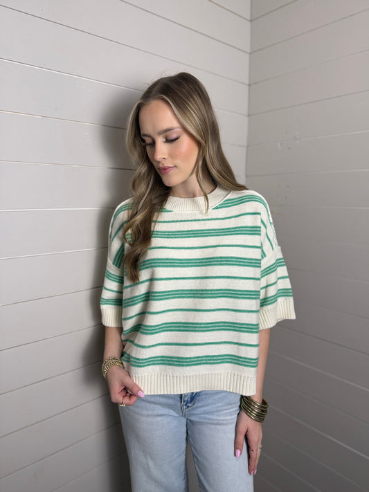 Drop Sleeve Striped Sweater Top in Green