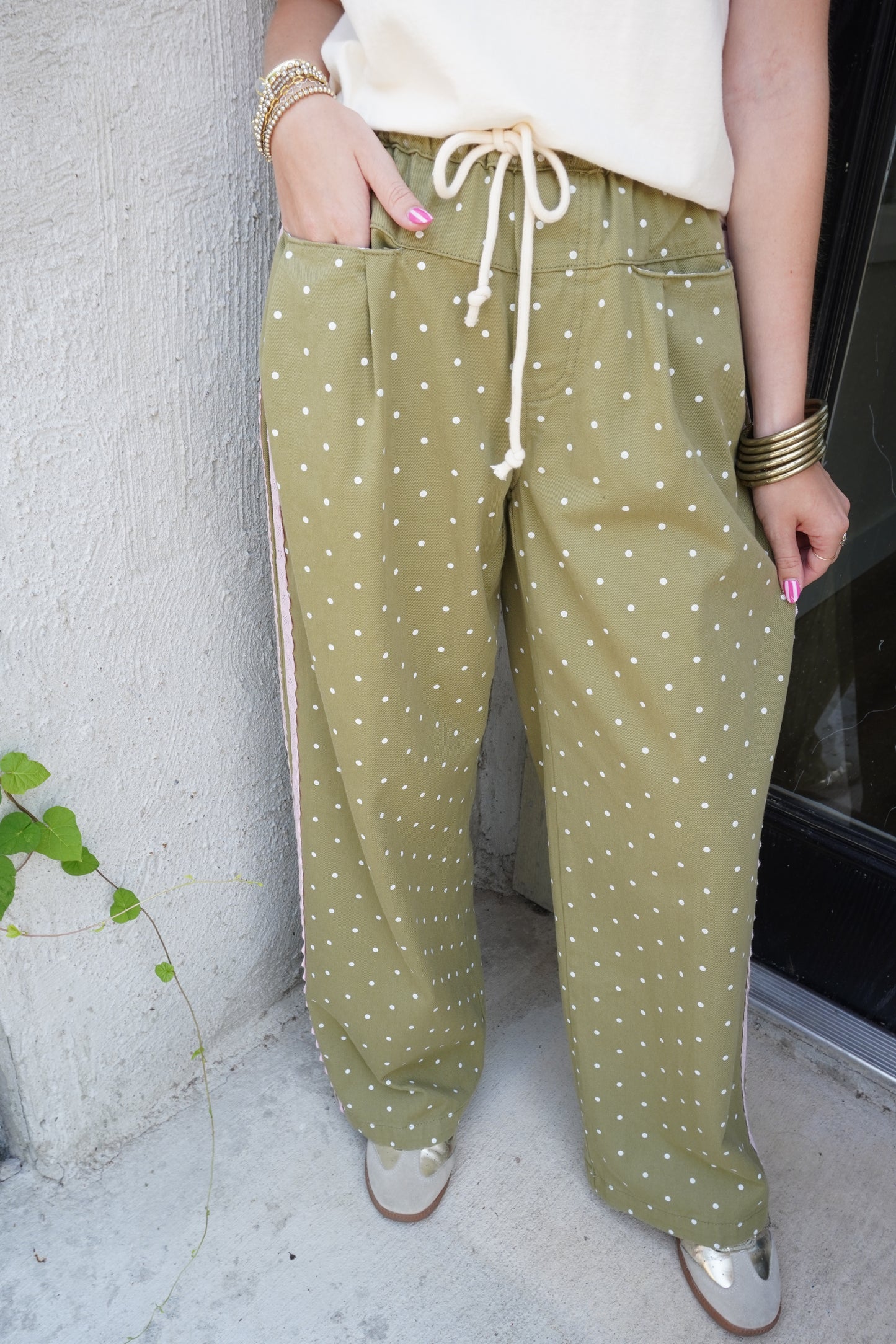 Pink Polka Dot Pants in Olive
