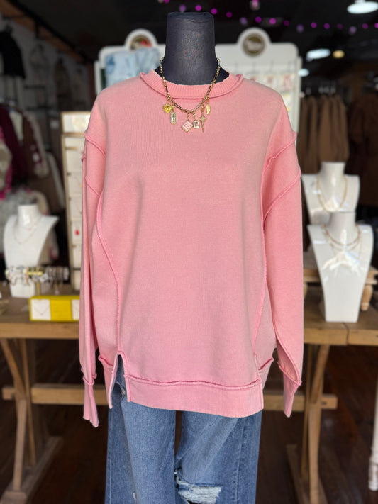 Acid Wash Sweatshirt in Dk Pink