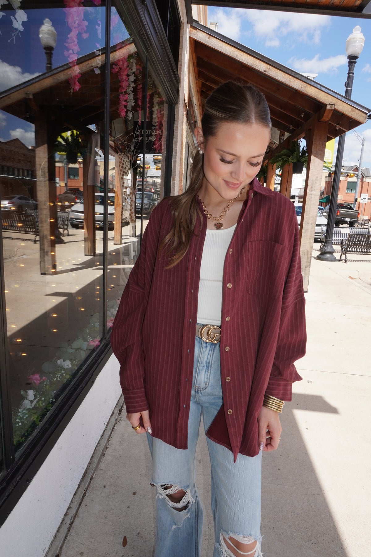 Maroon Striped Button Up Shirt