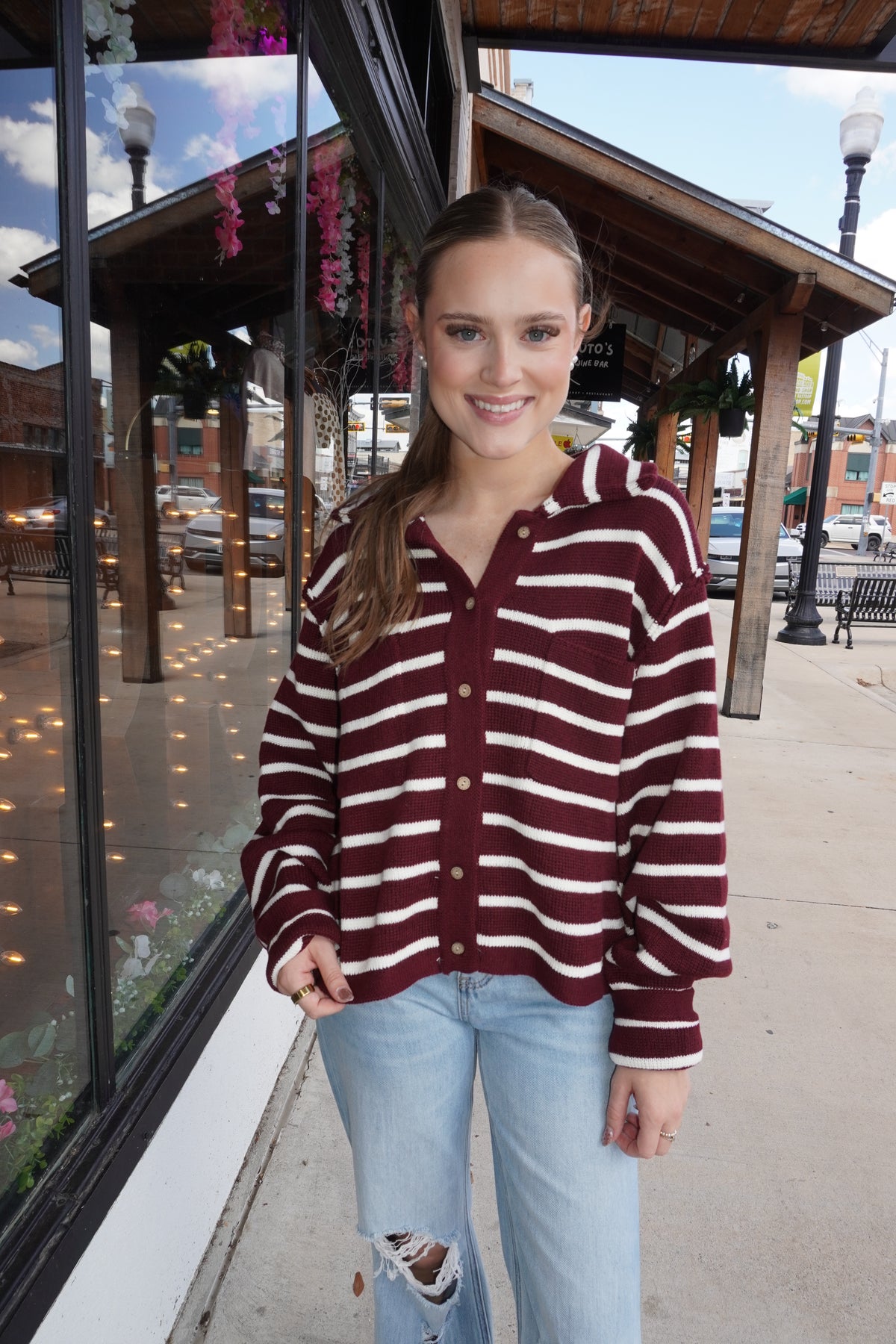 Striped Front Button Cardigan in Maroon