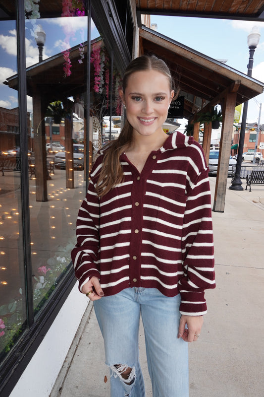 Striped Front Button Cardigan in Maroon