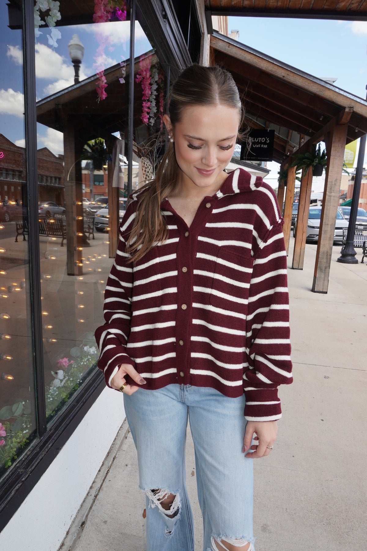 Striped Front Button Cardigan in Maroon
