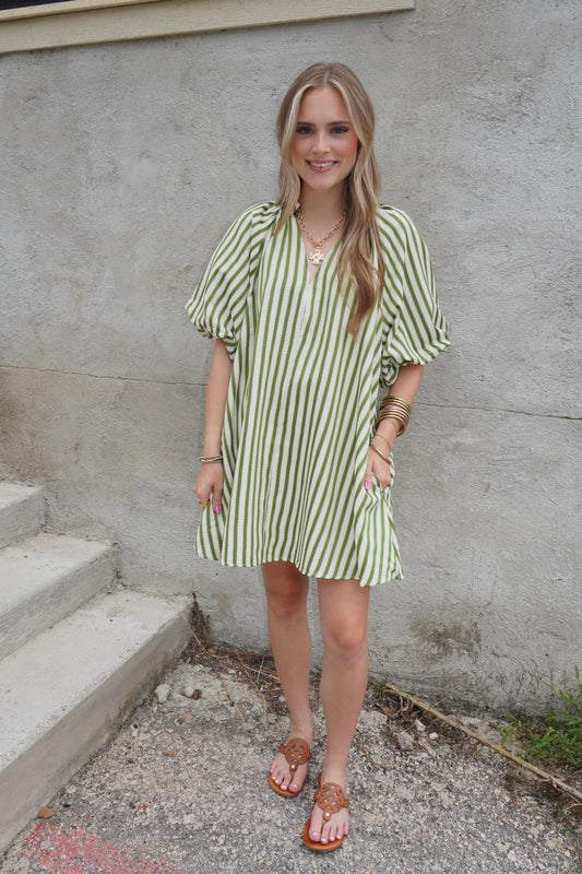 Puff Sleeve Stripe Dress in Green