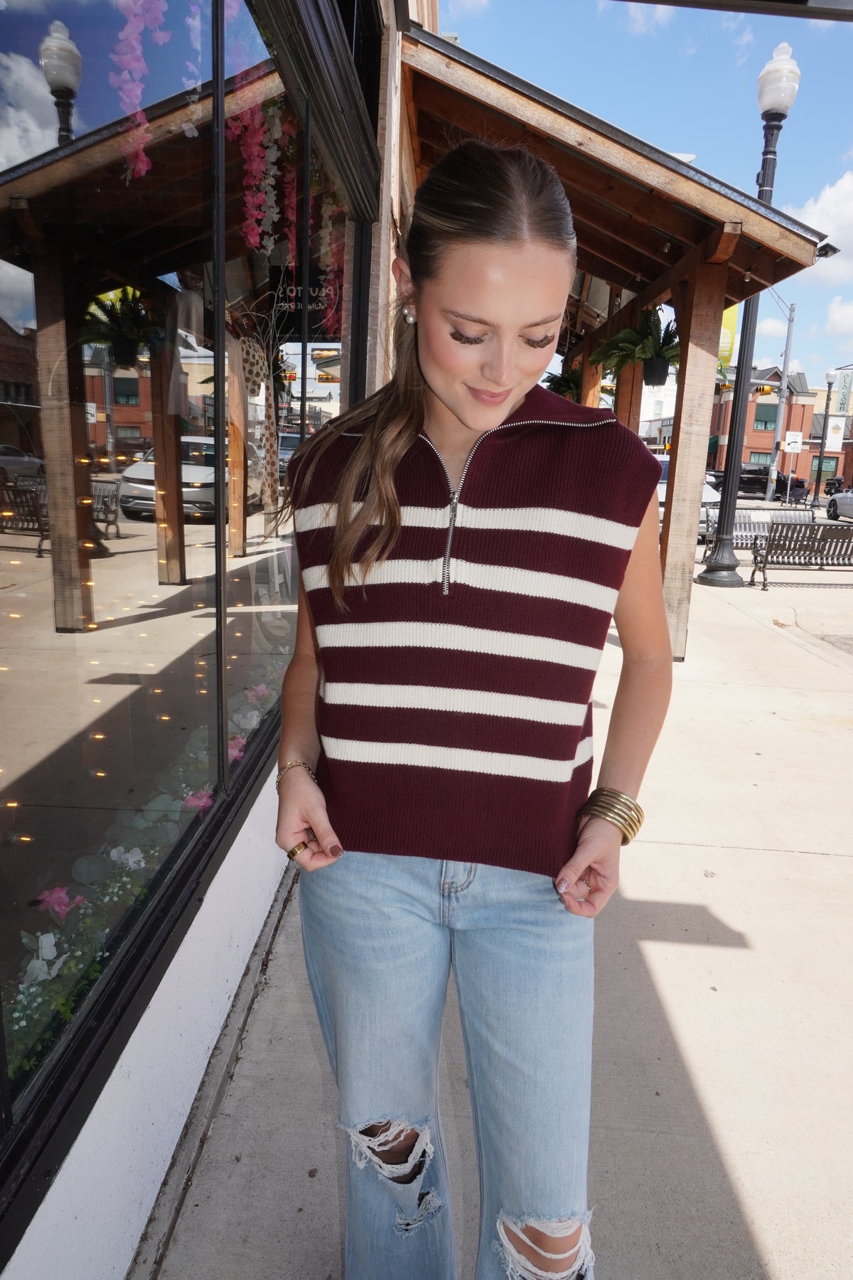 Half Zip Sleeveless Striped Sweater in Maroon