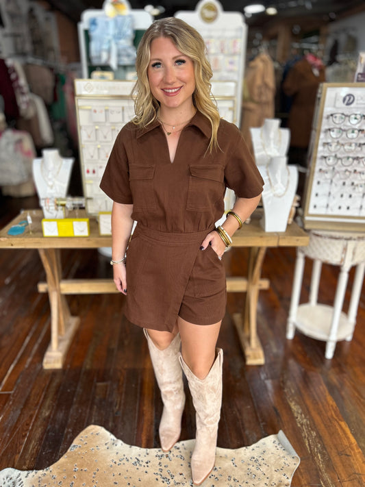 That’s Me Espresso Wrapped Denim Romper
