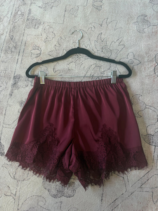 Lace Satin Shorts in Maroon
