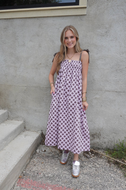 Purple Polka Dot Smocked Maxi Dress