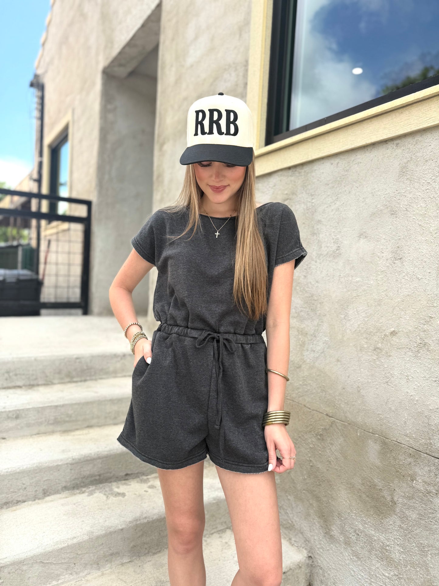Cap Sleeve Drawstring Romper in Black