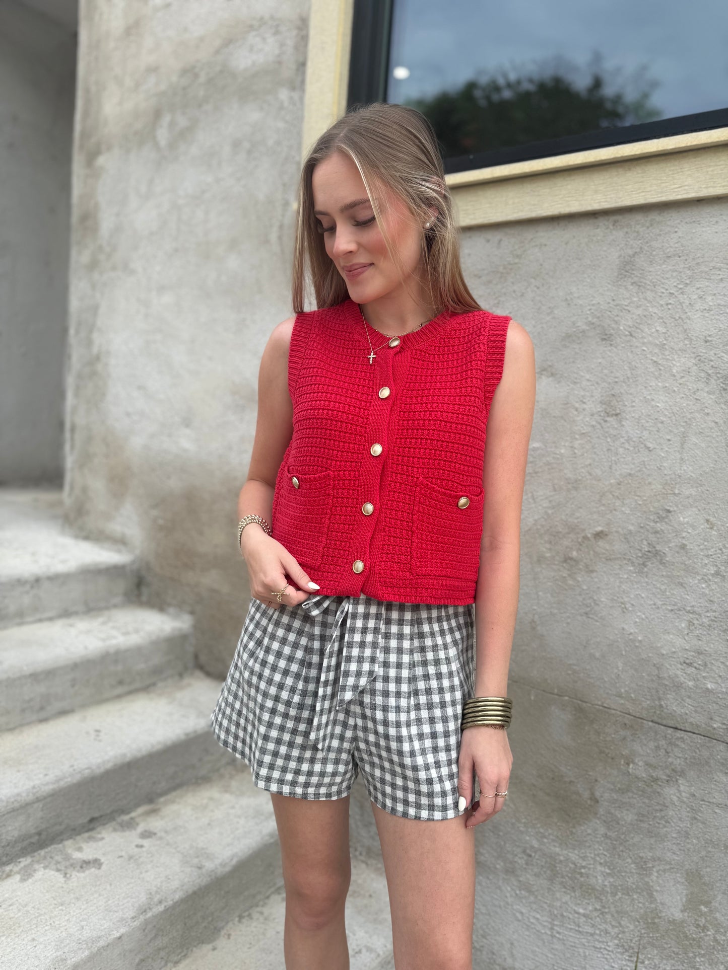Textured Button Front Vest in Red