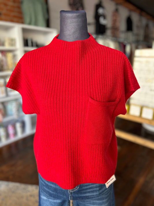 Mock Neck Short Sleeve Knit Sweater in Red
