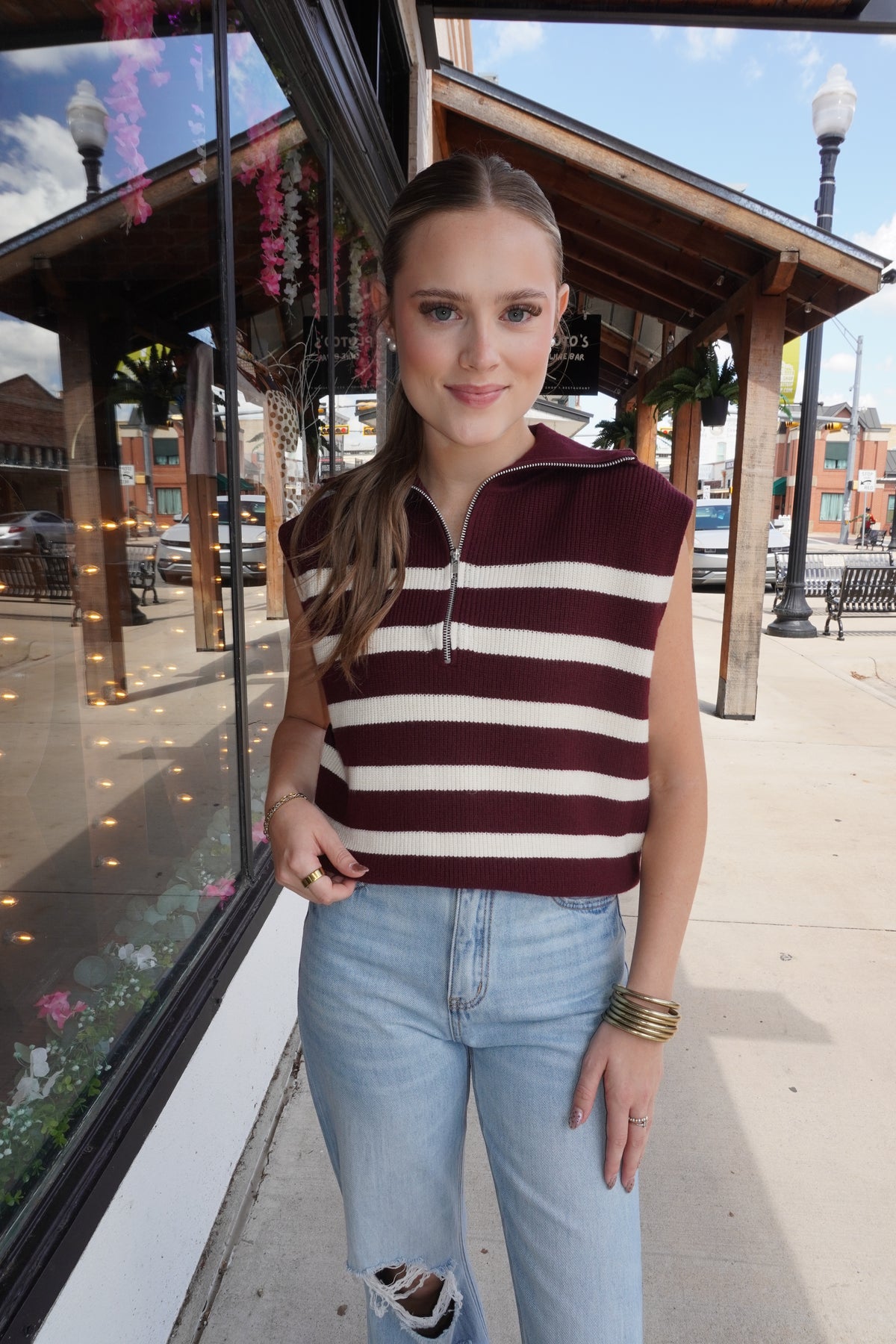 Half Zip Sleeveless Striped Sweater in Maroon