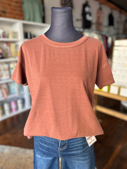 Exposed Seam Short Sleeve Top in Terracotta
