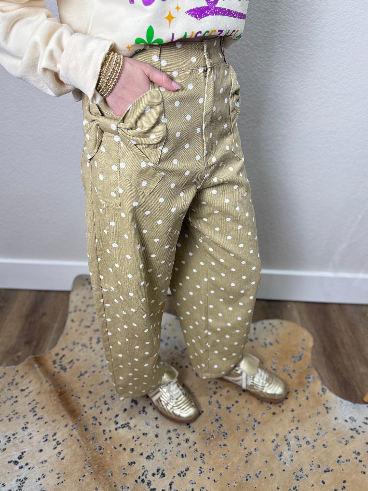 Polka Dot Bow Tied Denim Pants in Taupe