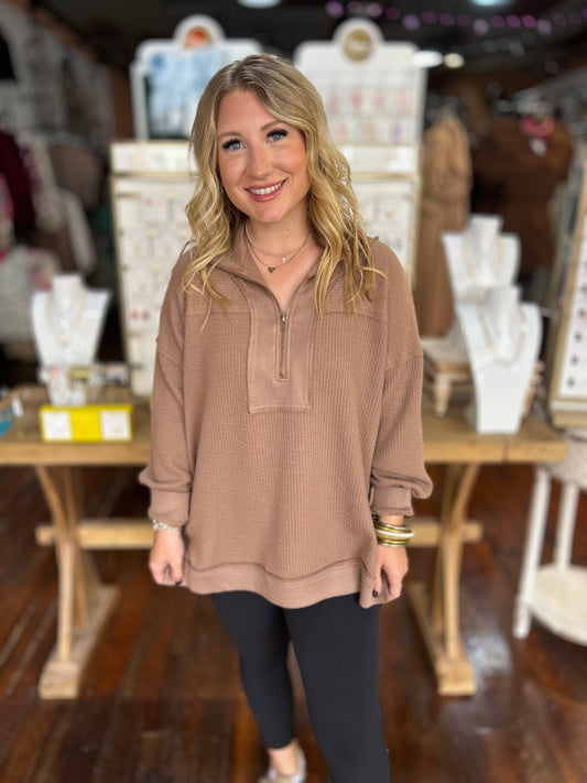 Zipped Halfway Waffle Knit Top in Mocha