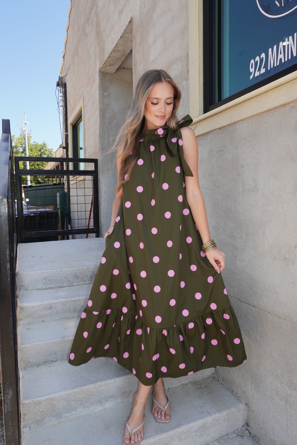 Polka Dot Midi Dress in Olive/Pink