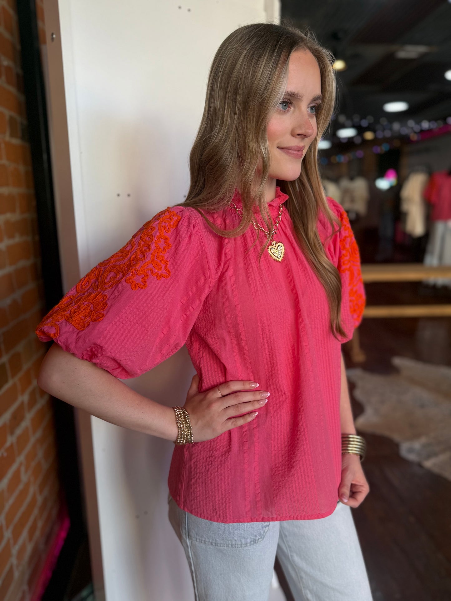 Ritzy Embroidered Puff Sleeve Top in Pink