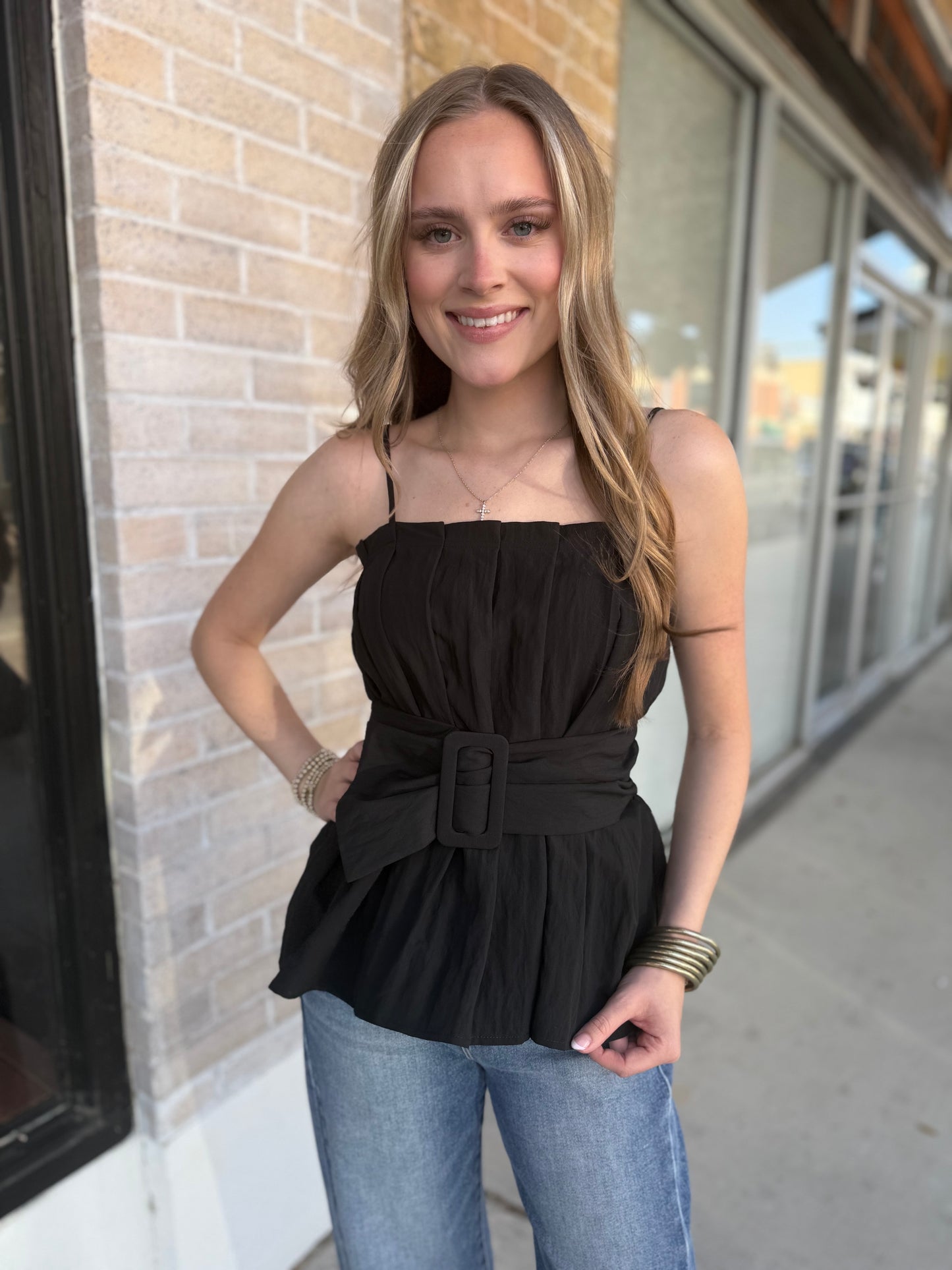 Buckle Pleated Sleeveless Top in Black