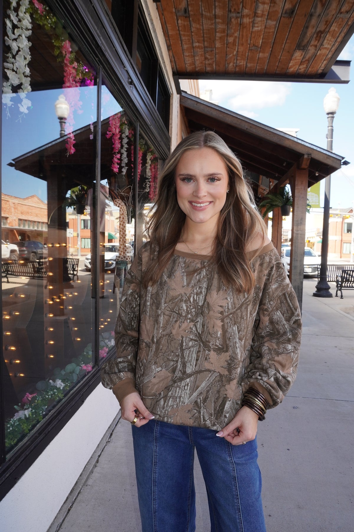 Brown Camo Off the Shoulder Sweatshirt