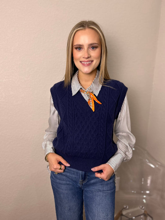 Cable Knit Sweater Vest in Navy