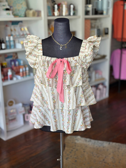 Floral Bow Tied Ruffled Top