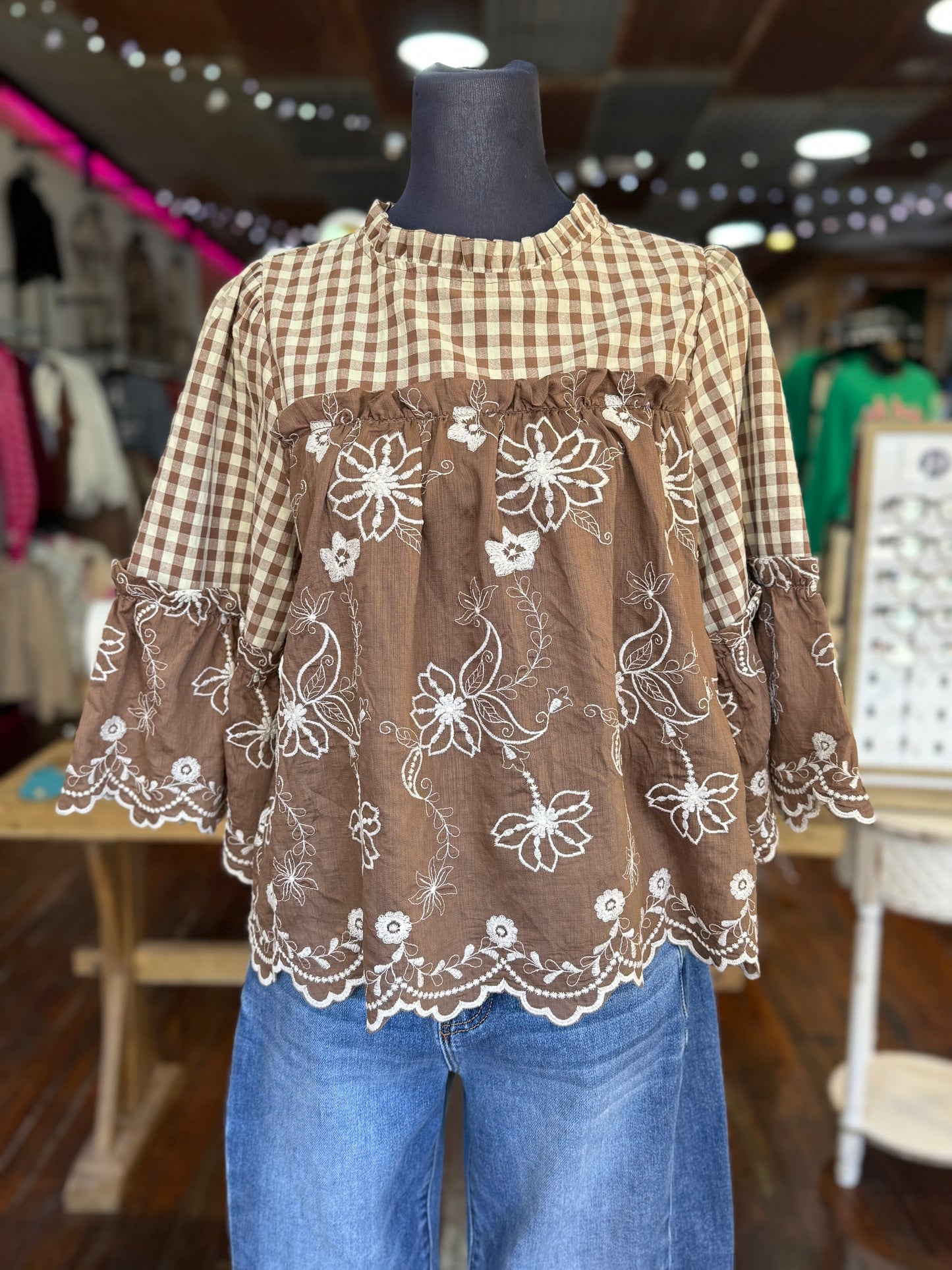 Embroidered Check Ruffle Blouse in Mocha