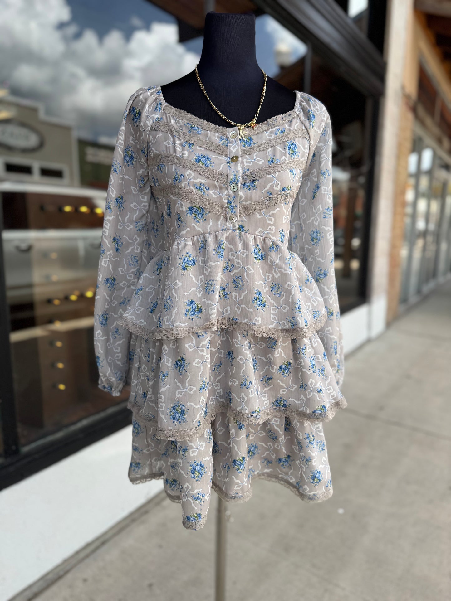 Floral Bias Lace Dress in Taupe/Blue