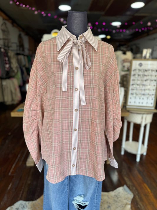 Plaid Button Shirt with Neck Ribbon Bow